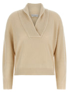 Brunello Cucinelli Shawl Neck Ribbed Sweater Beige