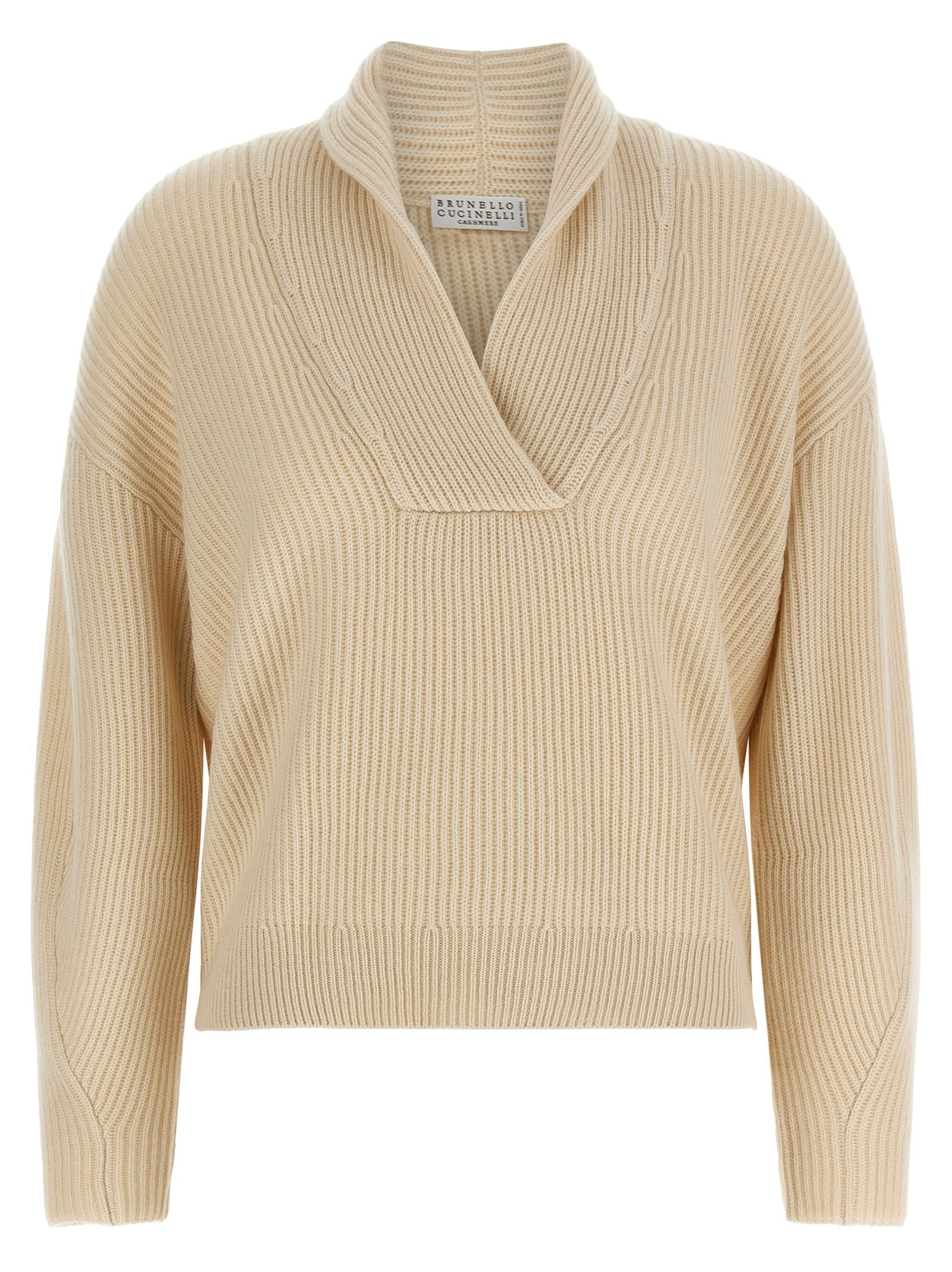 Brunello Cucinelli Shawl Neck Ribbed Sweater Beige
