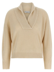 Brunello Cucinelli Shawl Neck Ribbed Sweater Beige