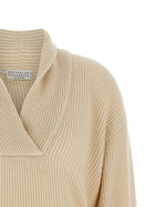 Brunello Cucinelli Shawl Neck Ribbed Sweater Beige, view 3