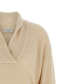 Brunello Cucinelli Shawl Neck Ribbed Sweater Beige