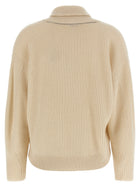 Brunello Cucinelli Shawl Neck Ribbed Sweater Beige, view 2