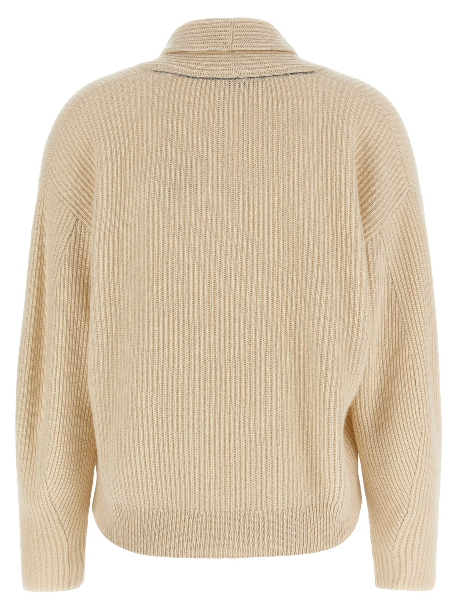 Brunello Cucinelli Shawl Neck Ribbed Sweater Beige