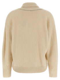 Brunello Cucinelli Shawl Neck Ribbed Sweater Beige
