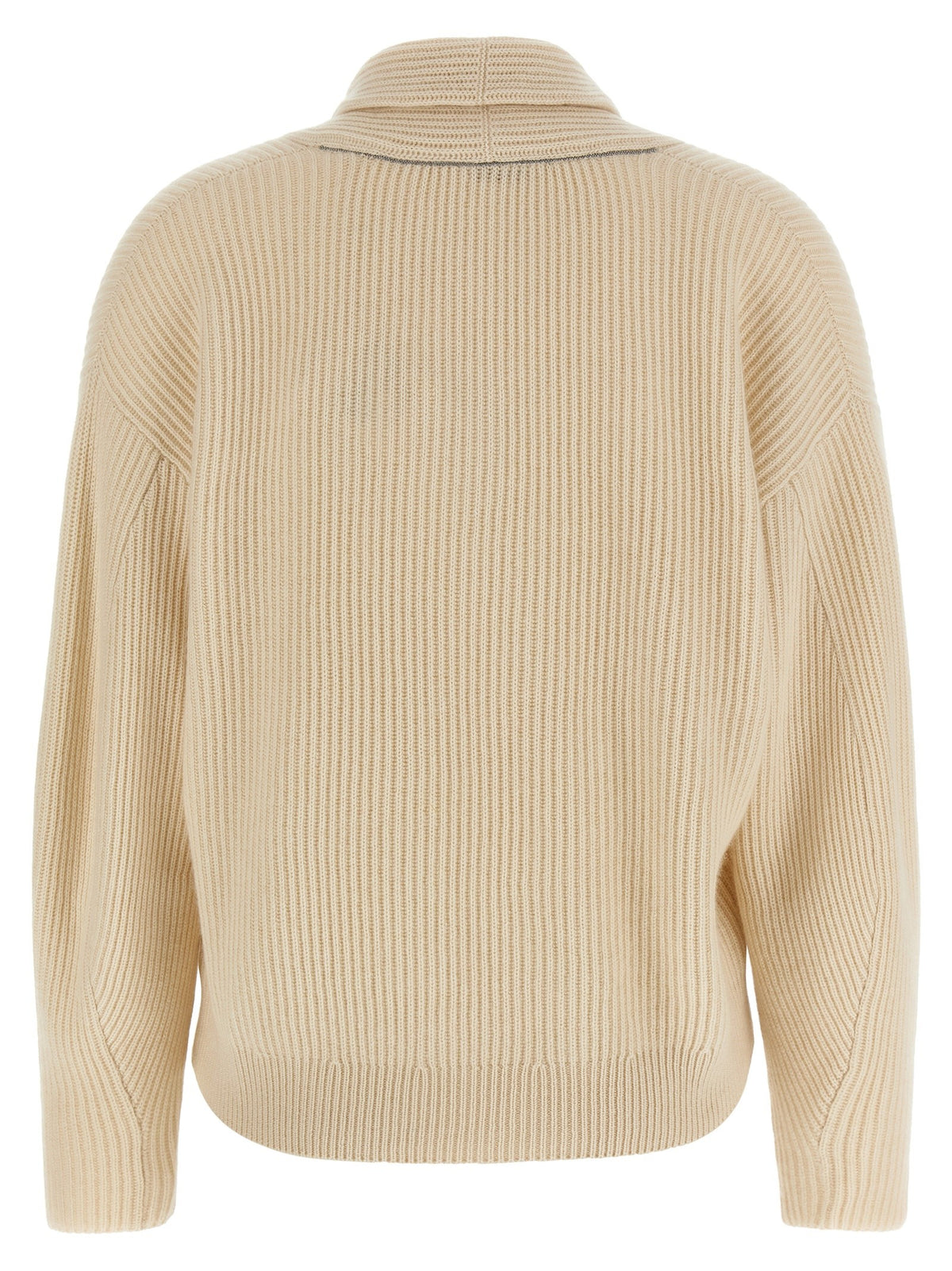 Brunello Cucinelli Shawl Neck Ribbed Sweater Beige, view 2