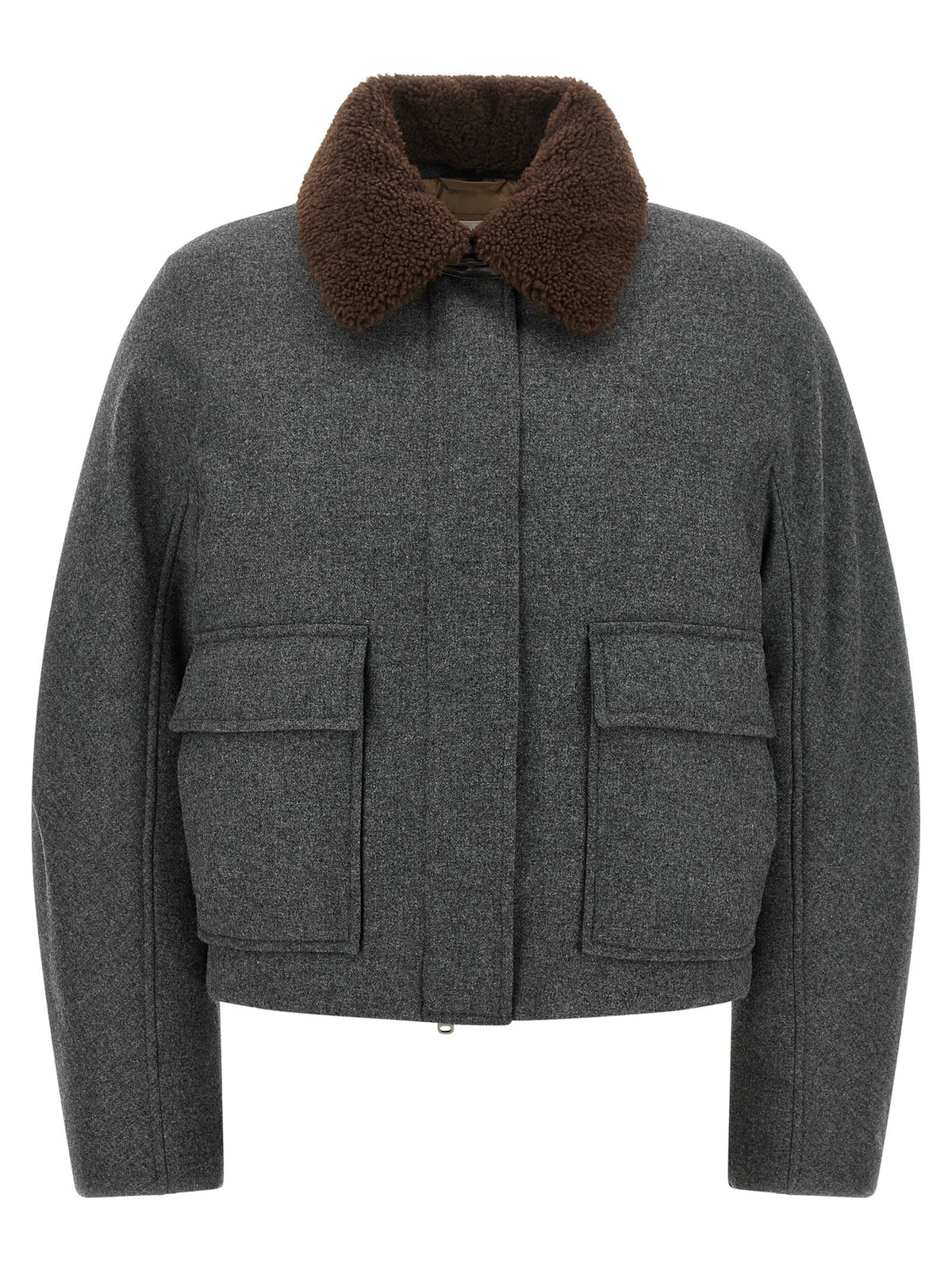Brunello Cucinelli Shearling Collar Cropped Jacket Grey