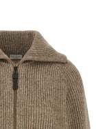 Brunello Cucinelli Shiny Zipper Pull Cardigan Beige, view 3