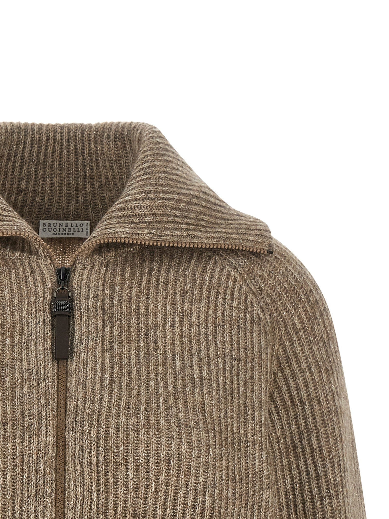 Brunello Cucinelli Shiny Zipper Pull Cardigan Beige