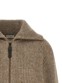 Brunello Cucinelli Shiny Zipper Pull Cardigan Beige