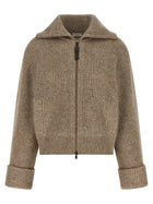 Brunello Cucinelli Shiny Zipper Pull Cardigan Beige