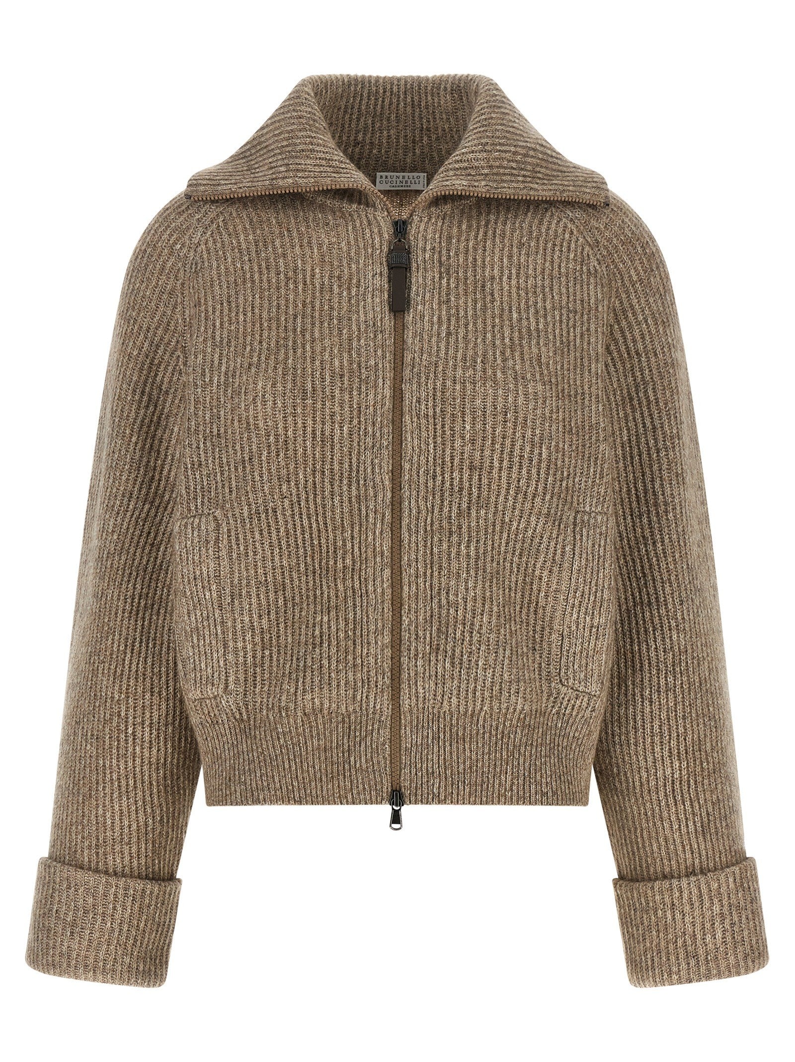 Brunello Cucinelli Shiny Zipper Pull Cardigan Beige