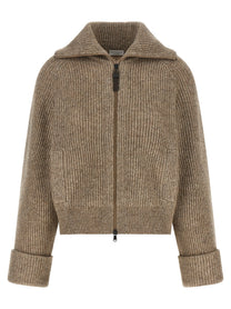 Brunello Cucinelli Shiny Zipper Pull Cardigan Beige