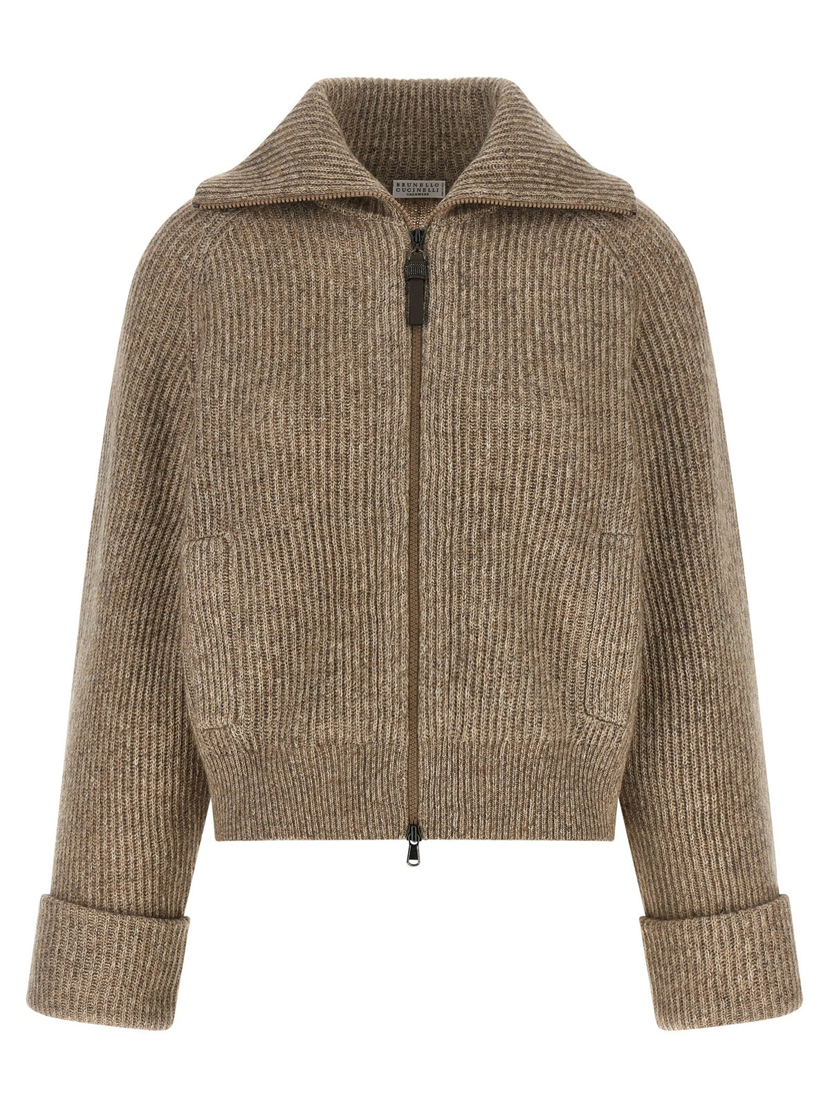 Brunello Cucinelli Shiny Zipper Pull Cardigan Beige