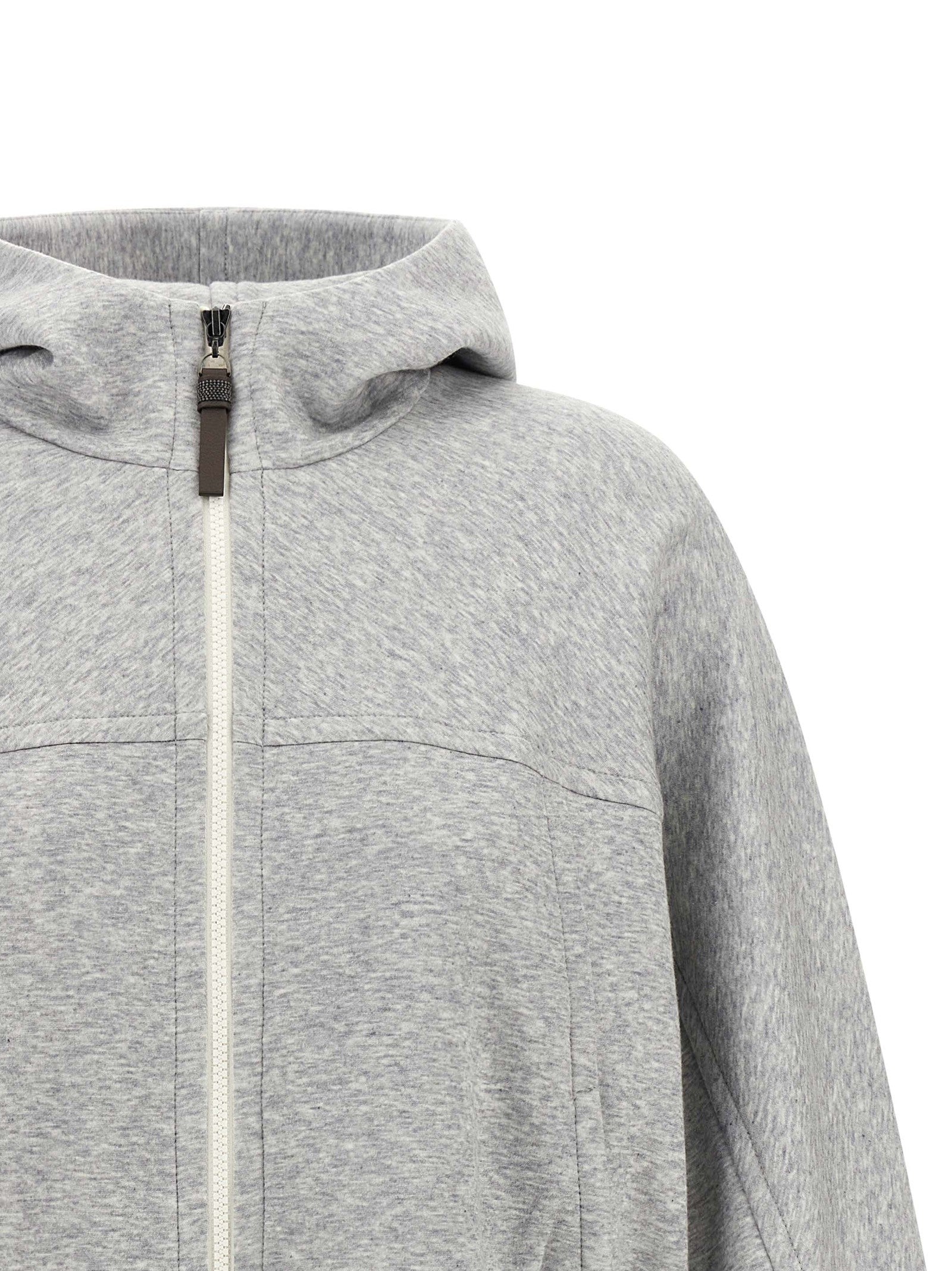Brunello Cucinelli Shiny Zipper Pull Cropped Hoodie Grey