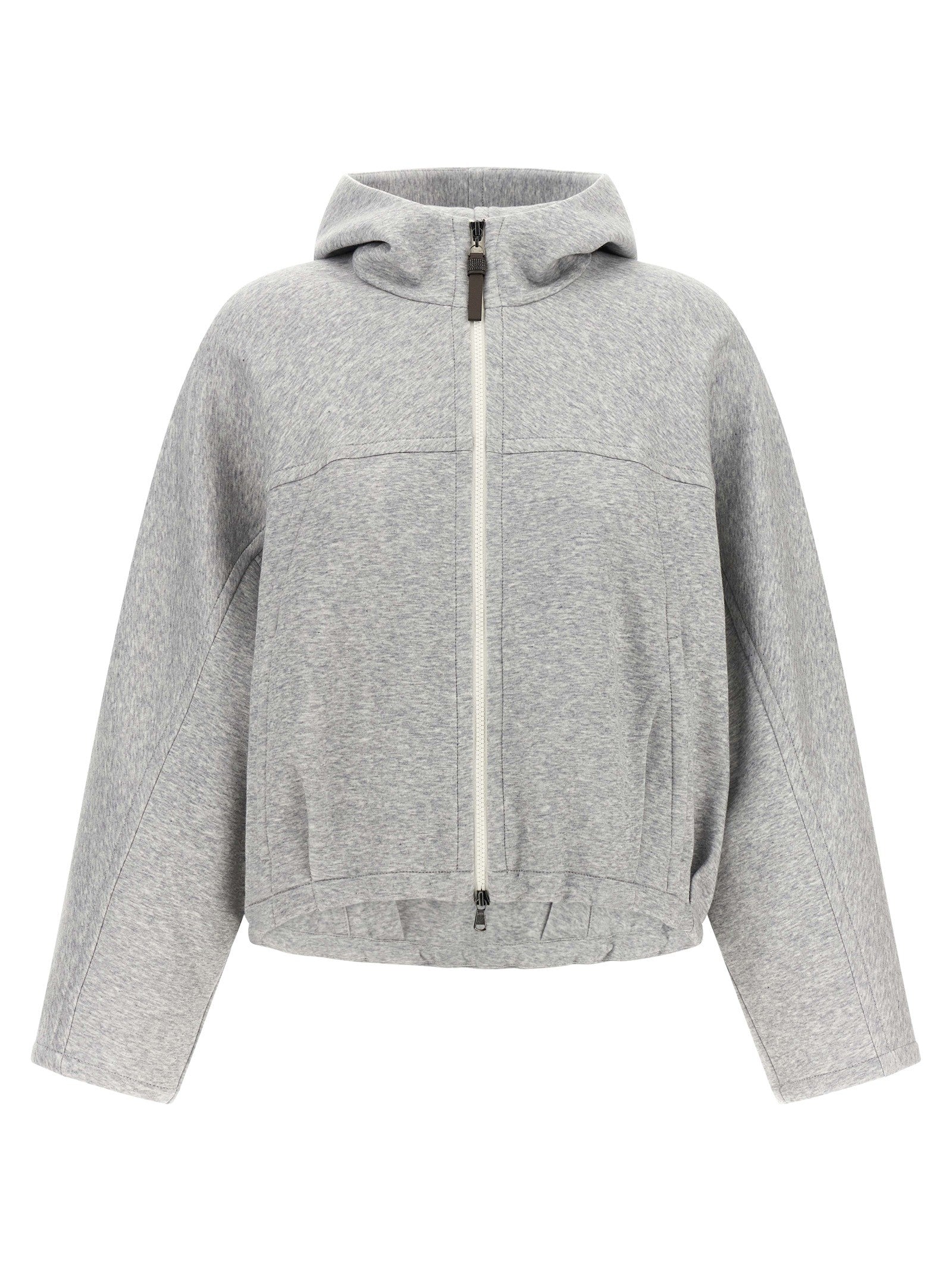 Brunello Cucinelli Shiny Zipper Pull Cropped Hoodie Grey