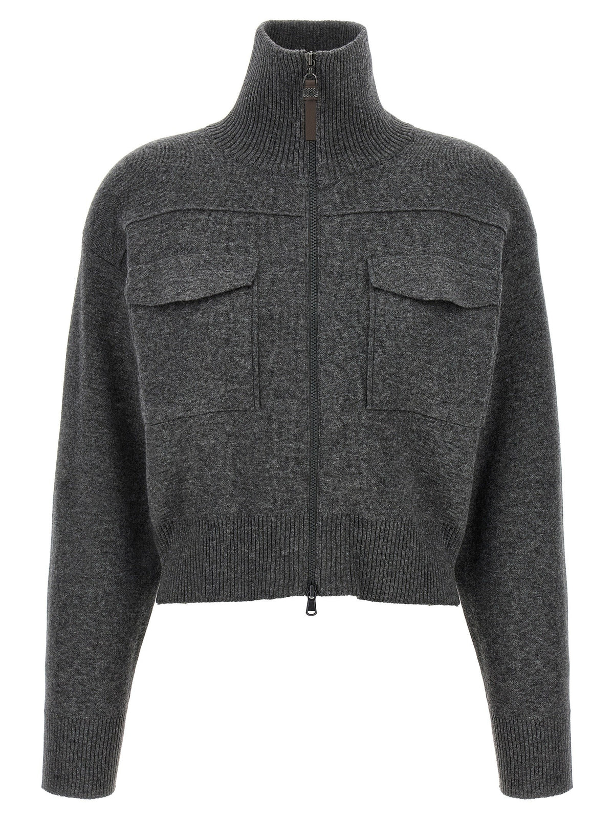 Brunello Cucinelli Shiny Zipper Pull Wool Cardigan Grey
