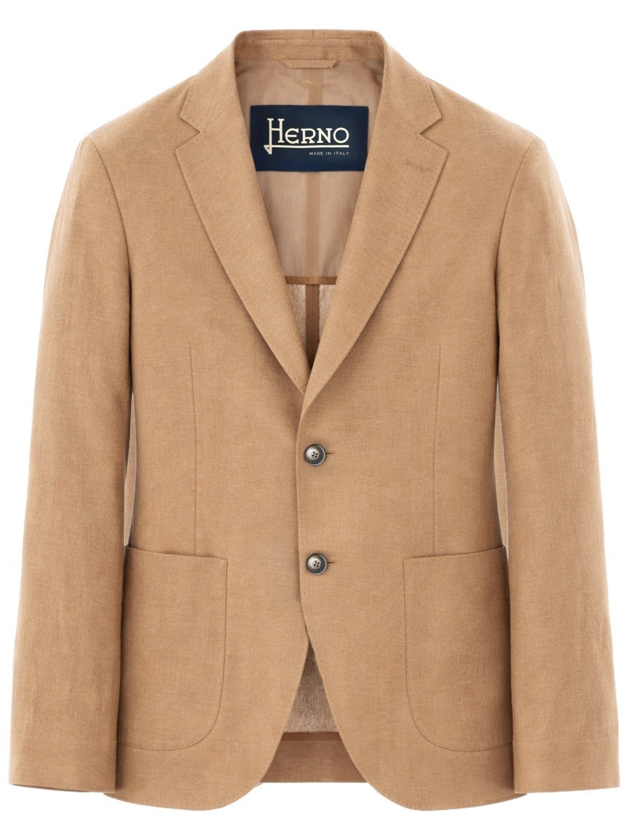 Herno Men's Single Breasted Linen Jacket Brown