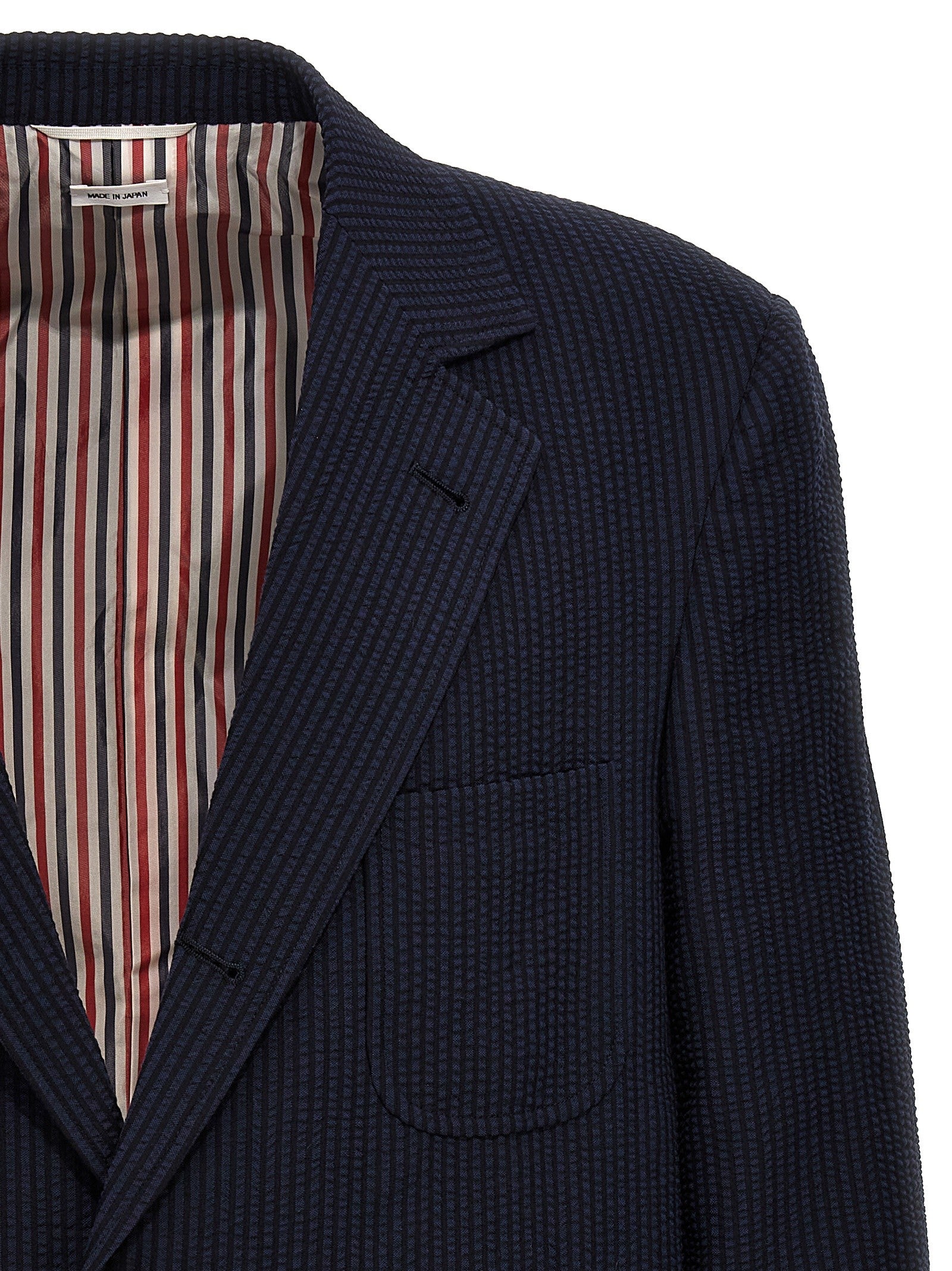 Thom Browne Single Breasted Seersucker Blazer Blue