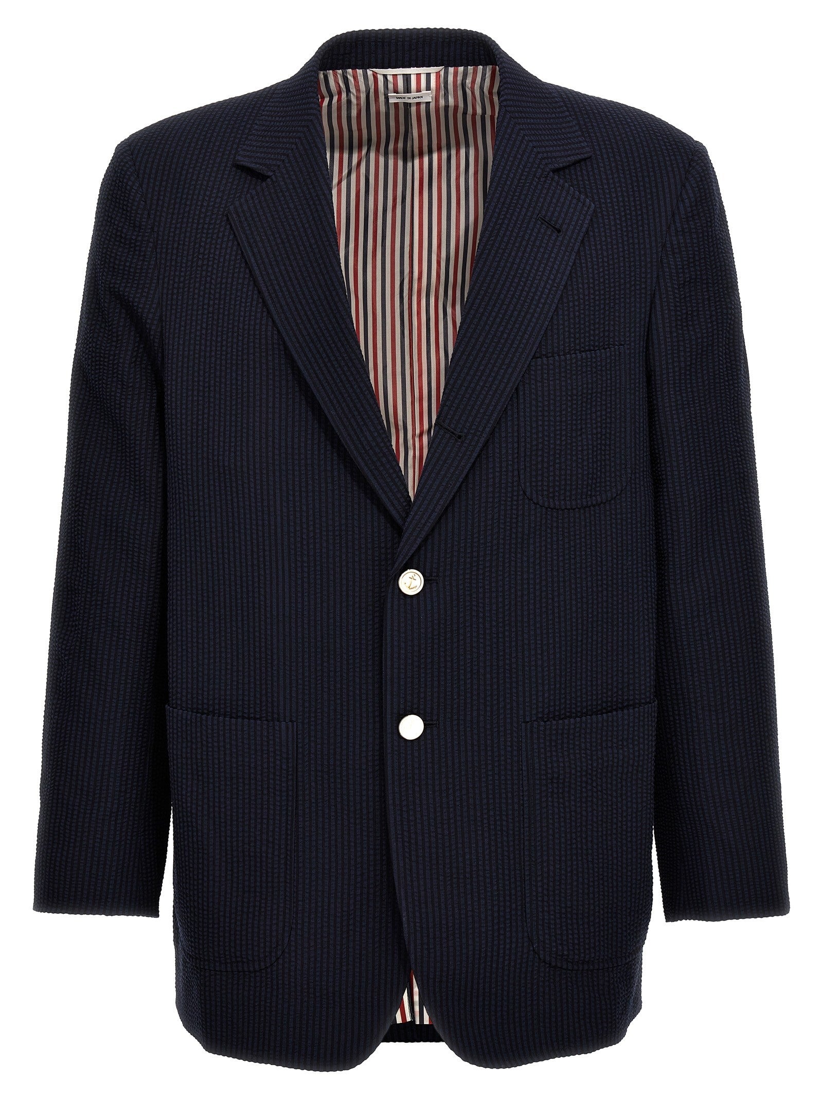 Thom Browne Single Breasted Seersucker Blazer Blue