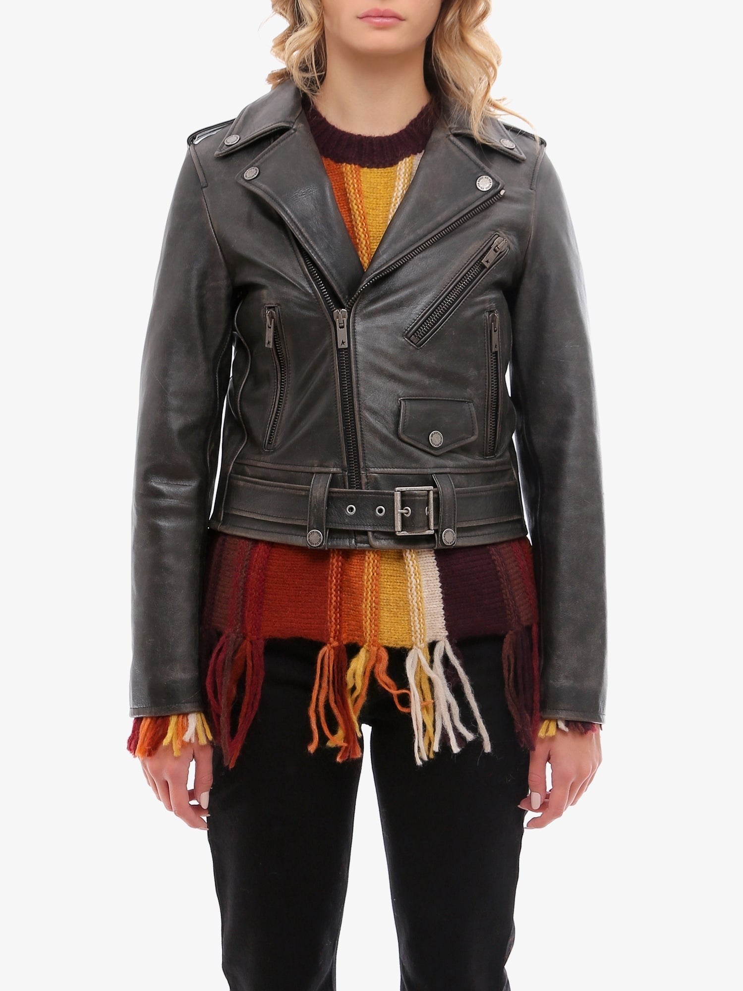 Golden Goose Women's Slim Fit Destiny Lived in Effect Leather Biker Black