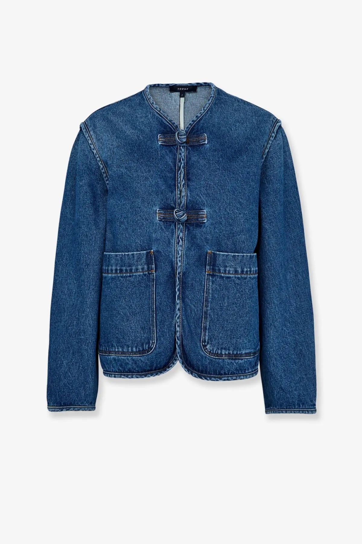 Soeur women’s agatha blue denim jacket with recycled cotton traditional chinese toggle closure and two front pockets
