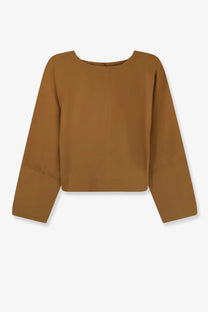 Soeur women’s Armand cotton shirt beige minimalist brown cropped top with long sleeves and rounded neckline