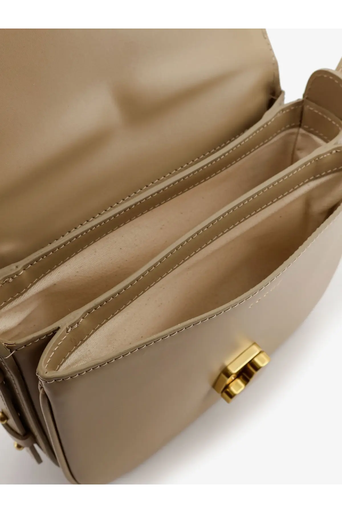 Soeur women’s Bellissima mini beige leather crossbody bag with gold-tone hardware and structured interior compartments