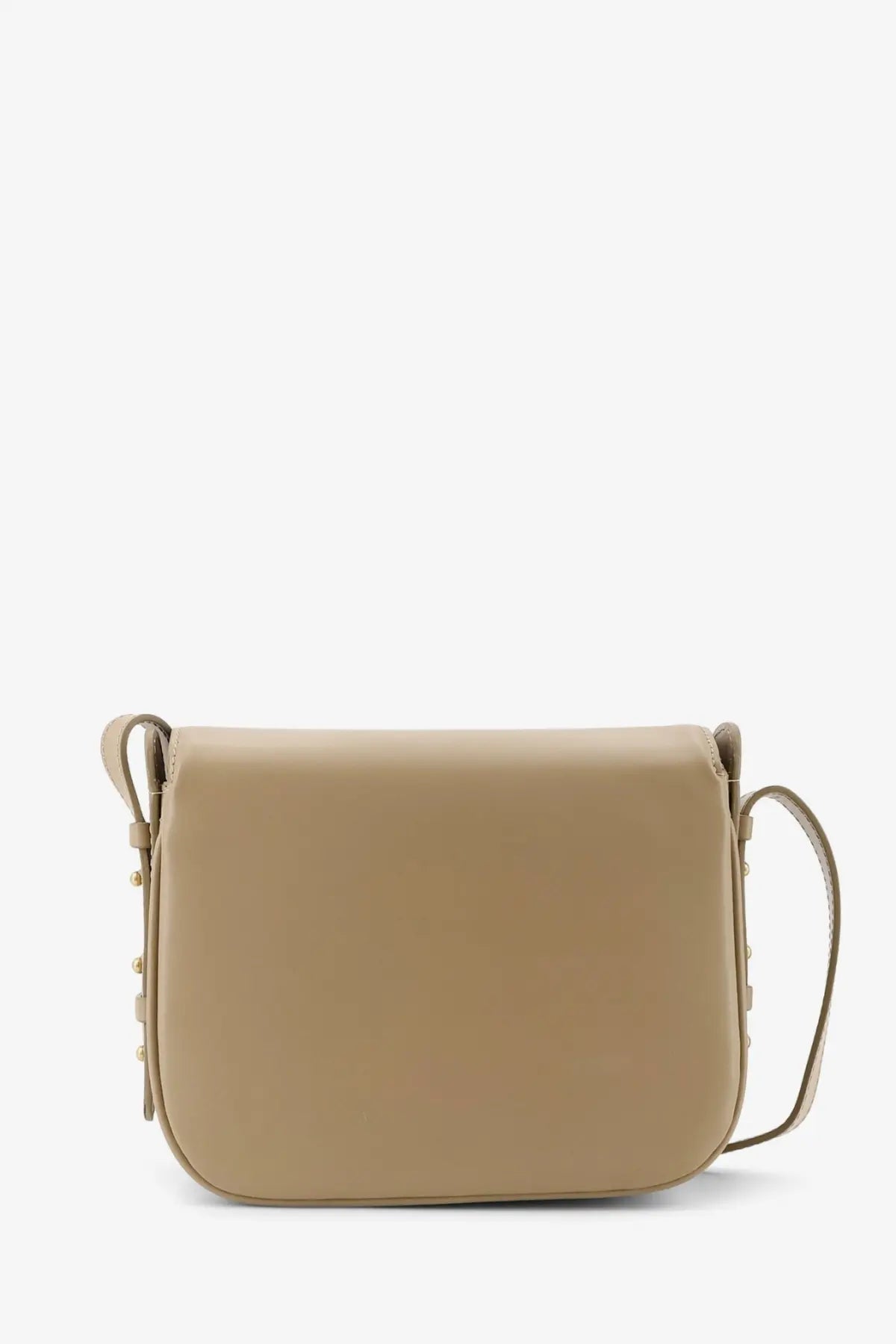 Beige leather crossbody bag with gold-tone hardware and minimalist design from Soeur womens Bellissima mini collection