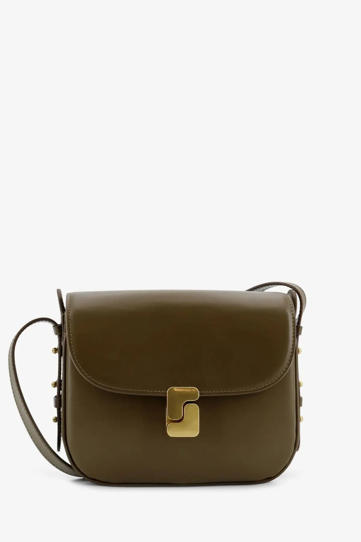 Soeur women’s bellissima mini olive green leather crossbody bag with gold-tone geometric clasp and studded strap details