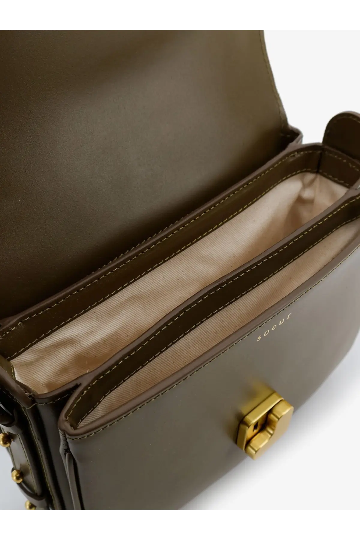 Soeur women’s bellissima mini olive green leather crossbody bag with gold-tone hardware and beige interior lining