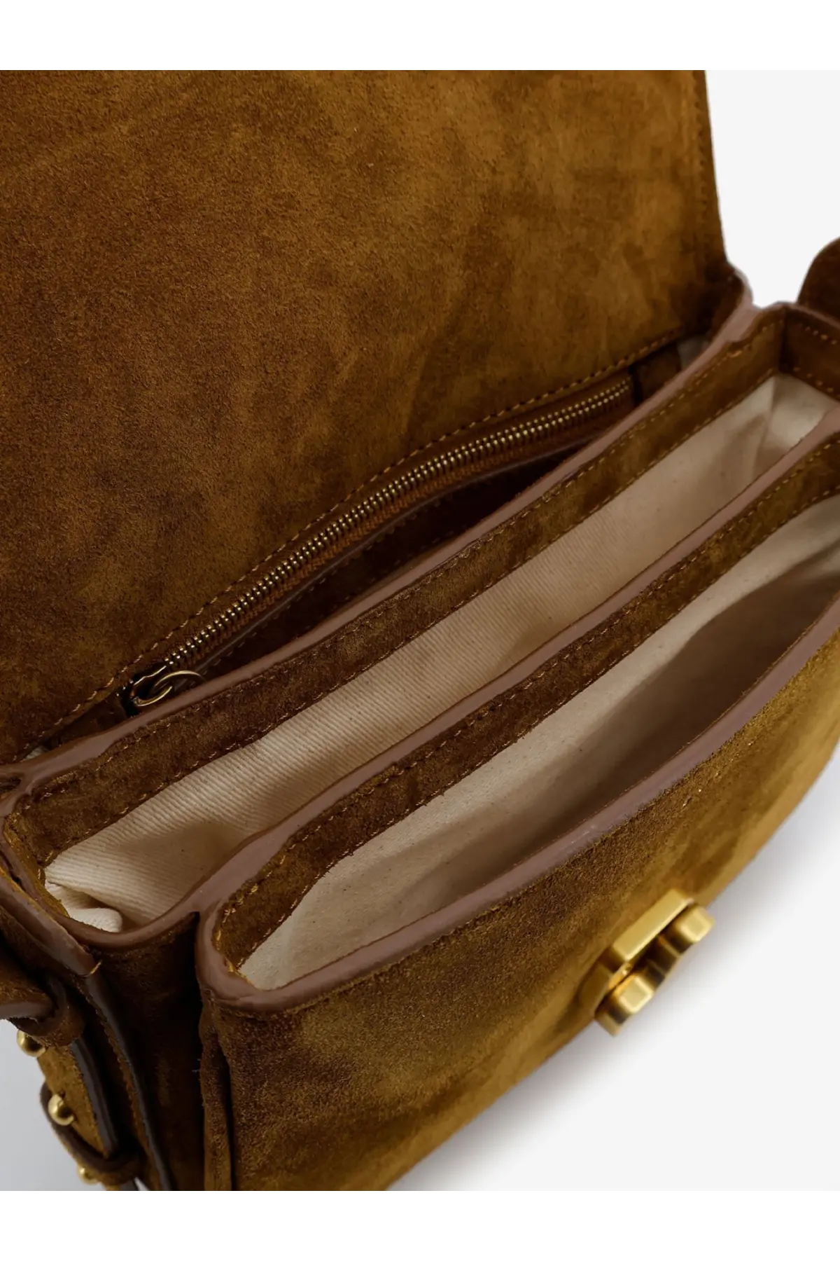 Soeur women’s Bellissima mini tan suede crossbody bag with gold-tone clasp and zipper-lined interior compartments