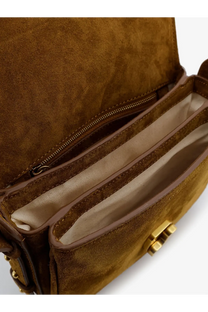 Soeur women’s Bellissima mini tan suede crossbody bag with gold-tone clasp and zipper-lined interior compartments