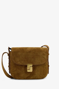 Soeur women’s Bellissima mini tan suede crossbody bag with gold-tone geometric clasp and matching leather strap