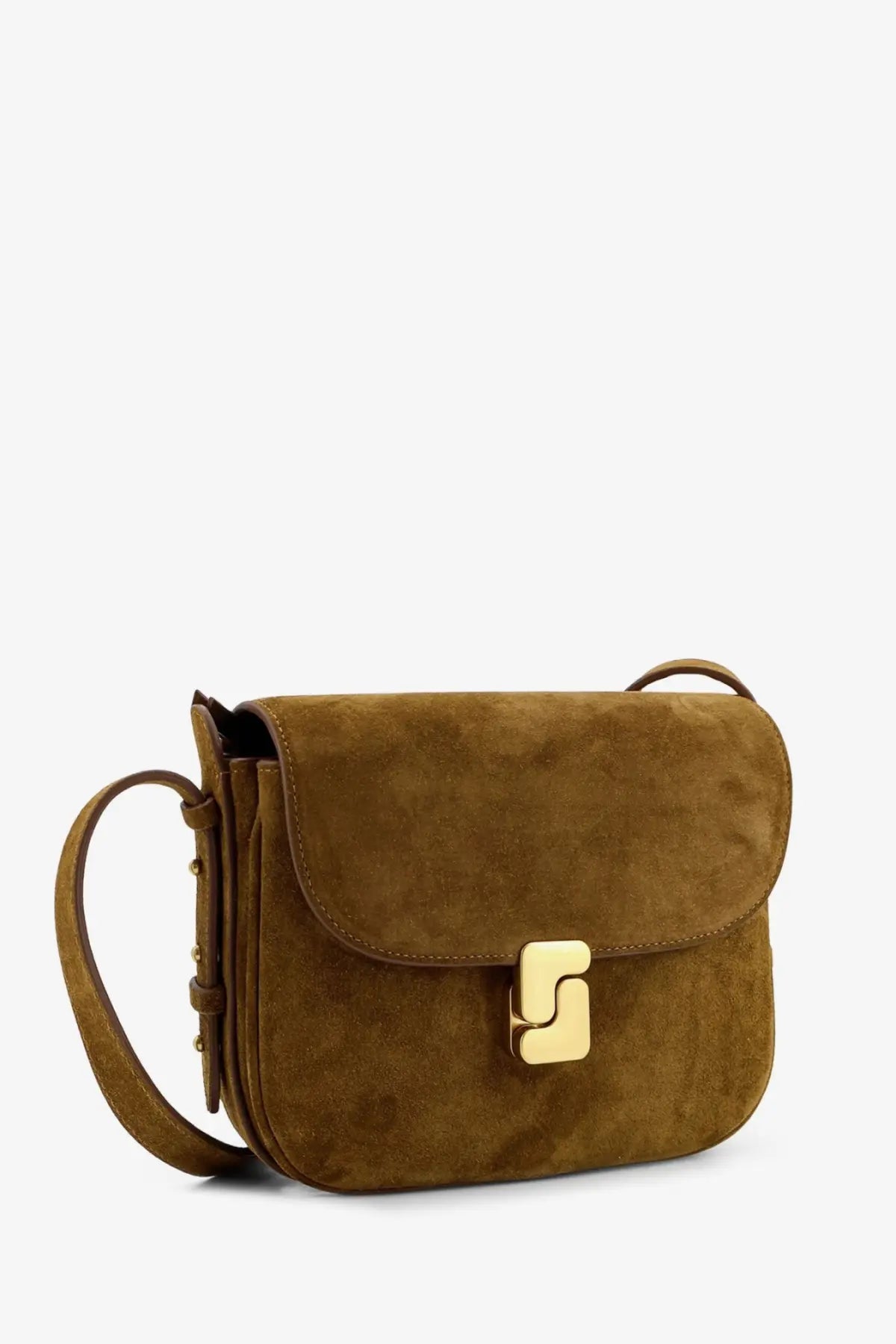 Soeur women’s bellissima mini tan suede crossbody bag with gold-tone geometric clasp in beige