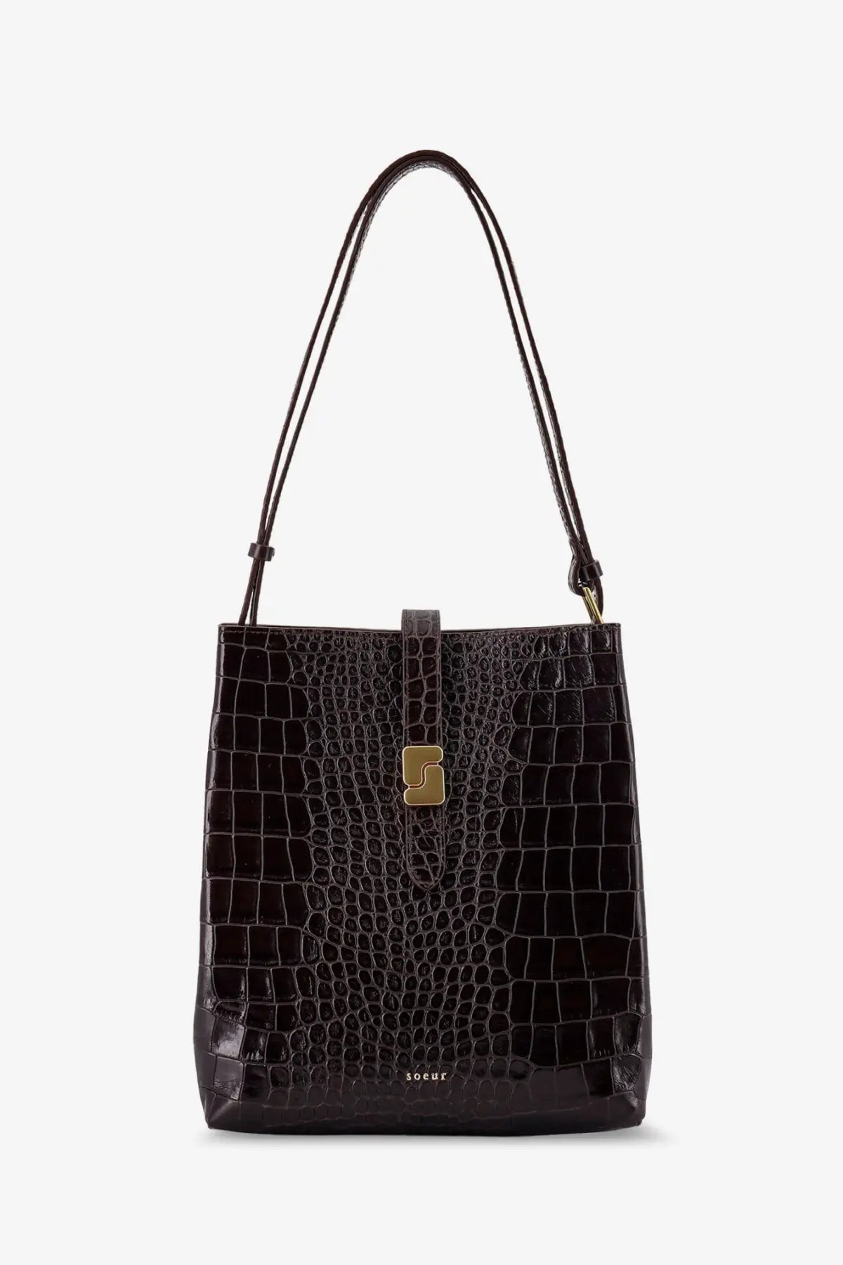 Soeur Bello brown crocodile-embossed leather bucket bag with gold logo clasp
