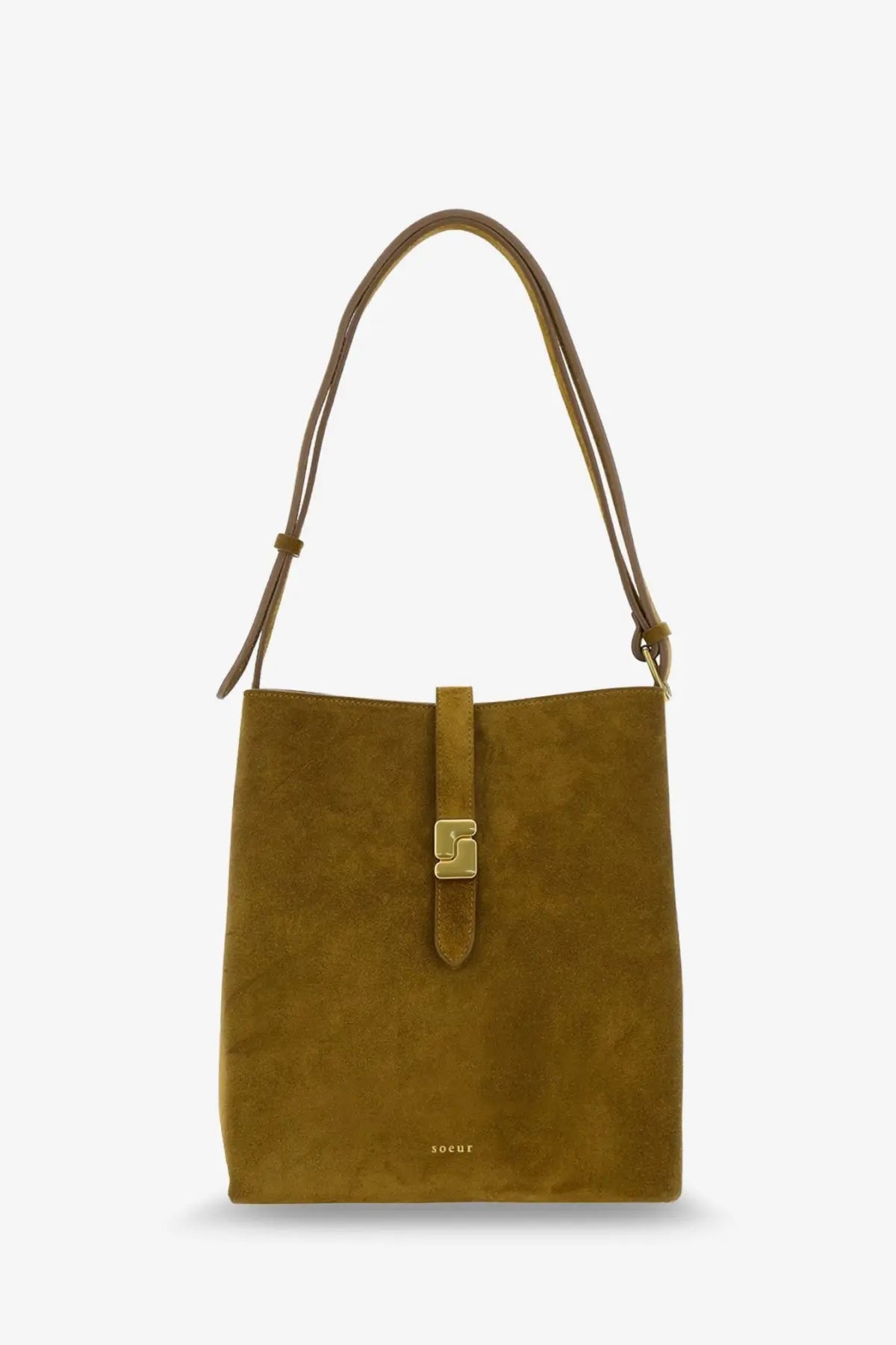 Soeur women’s bello beige shoulder bag in mustard-yellow suede with gold-tone clasp and matching leather straps