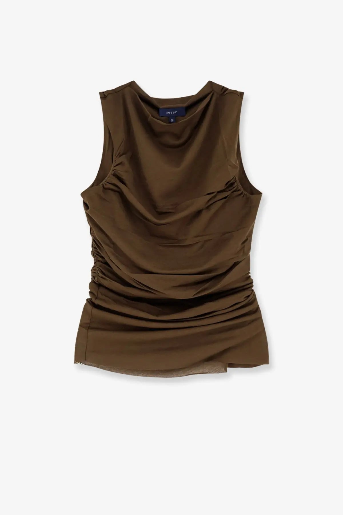 Soeur women’s olive green cotton blend sleeveless top with draped neckline and ruched detailing