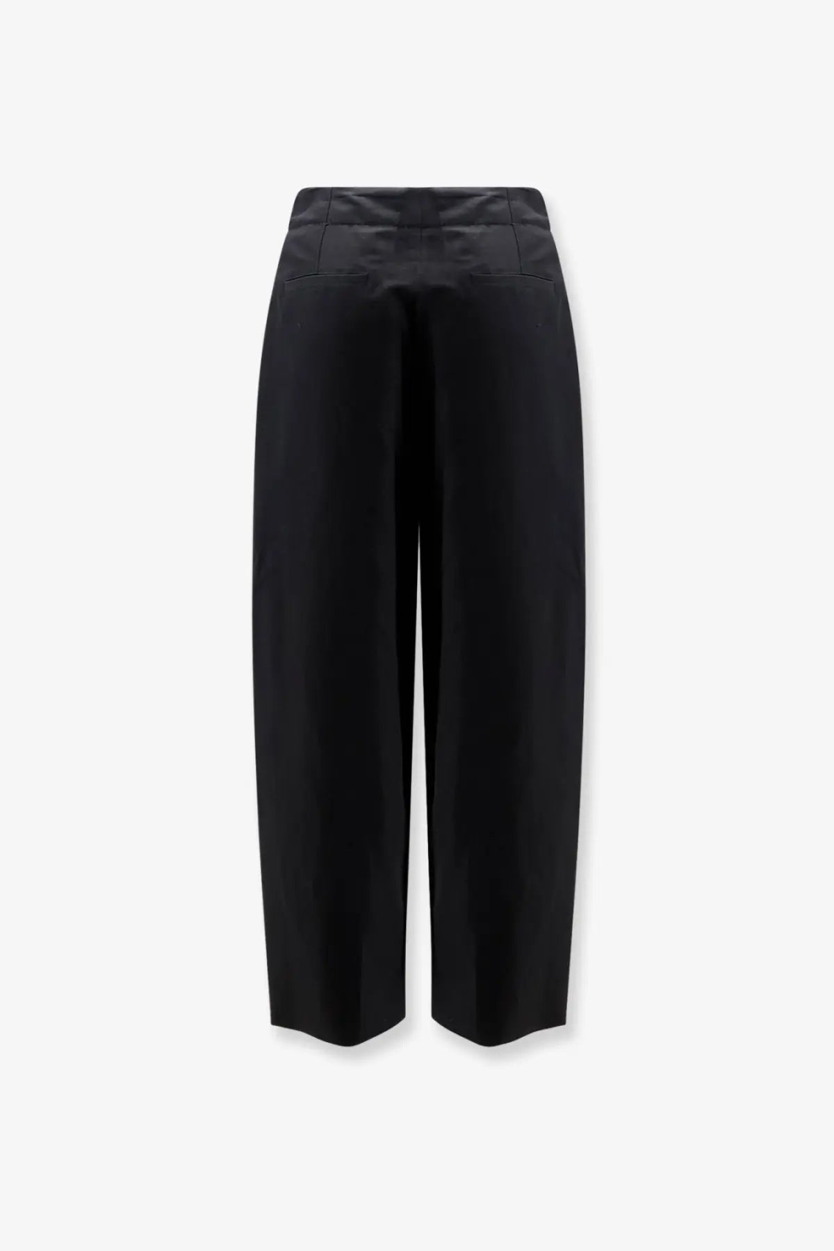 Black high-waisted wide-leg trousers with a sleek tailored silhouette made from organic cotton and linen by soeur