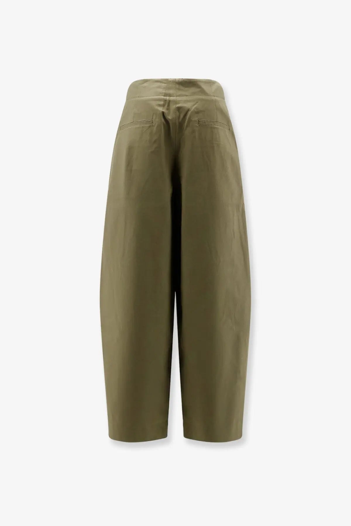 Olive green high-waisted wide-leg trousers with subtle back pockets made from organic cotton by soeur women