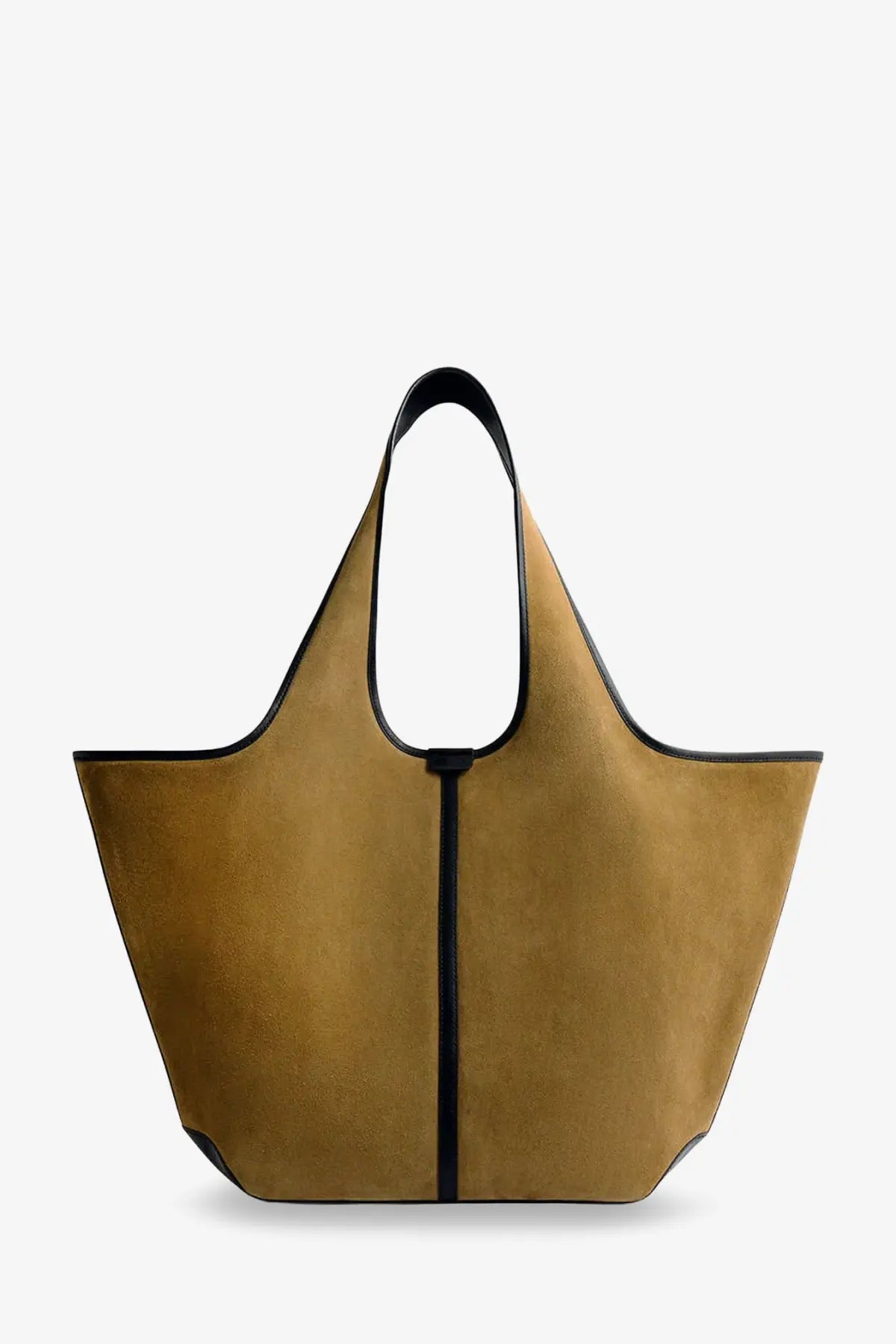 Soeur women’s douce bronze tan suede tote bag with black leather trim and handles for shoulder use