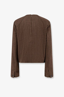 Brown textured blazer with subtle woven pattern and structured shoulders from soeur women’s giovana virgin wool sweater brown collection