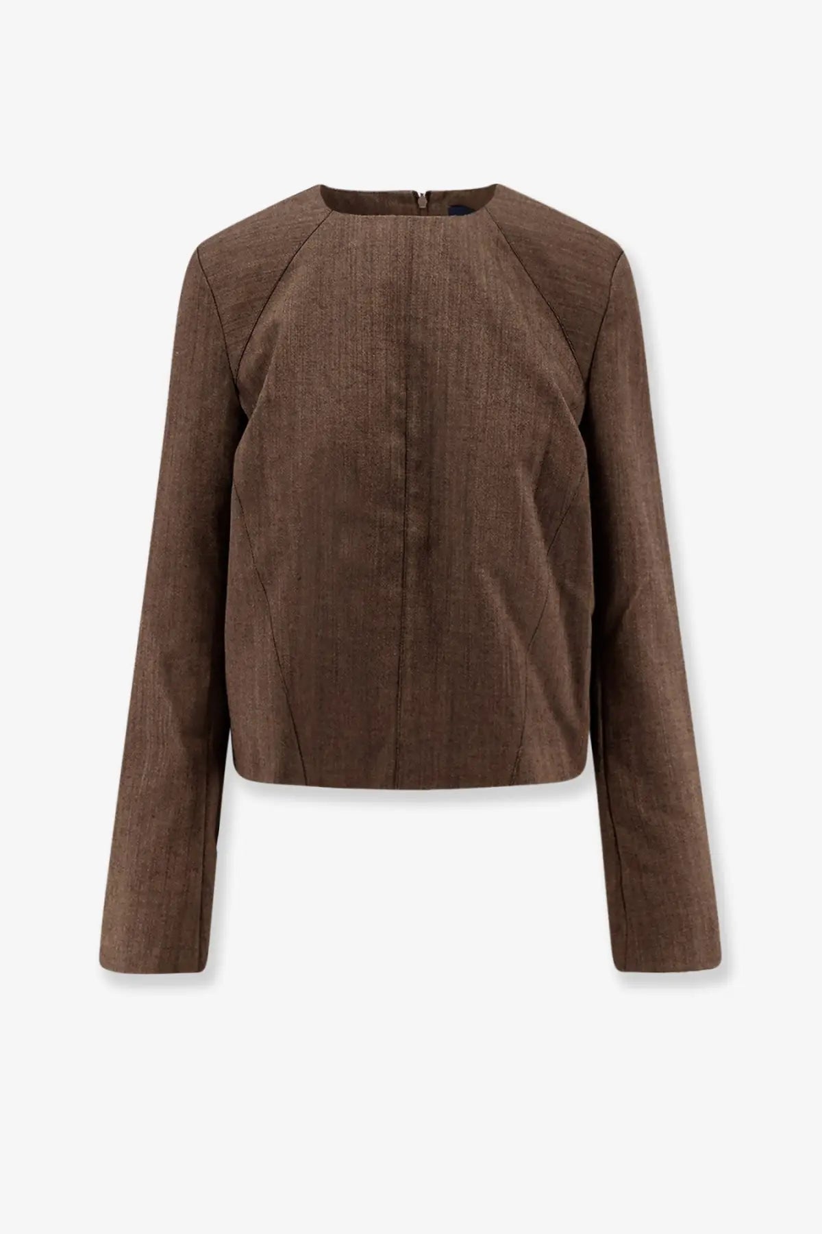 Brown textured linen cropped jacket with long sleeves and rounded neckline in soeur womens giovana virgin wool sweater brown
