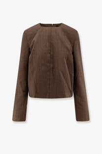 Brown textured linen cropped jacket with long sleeves and rounded neckline in soeur womens giovana virgin wool sweater brown