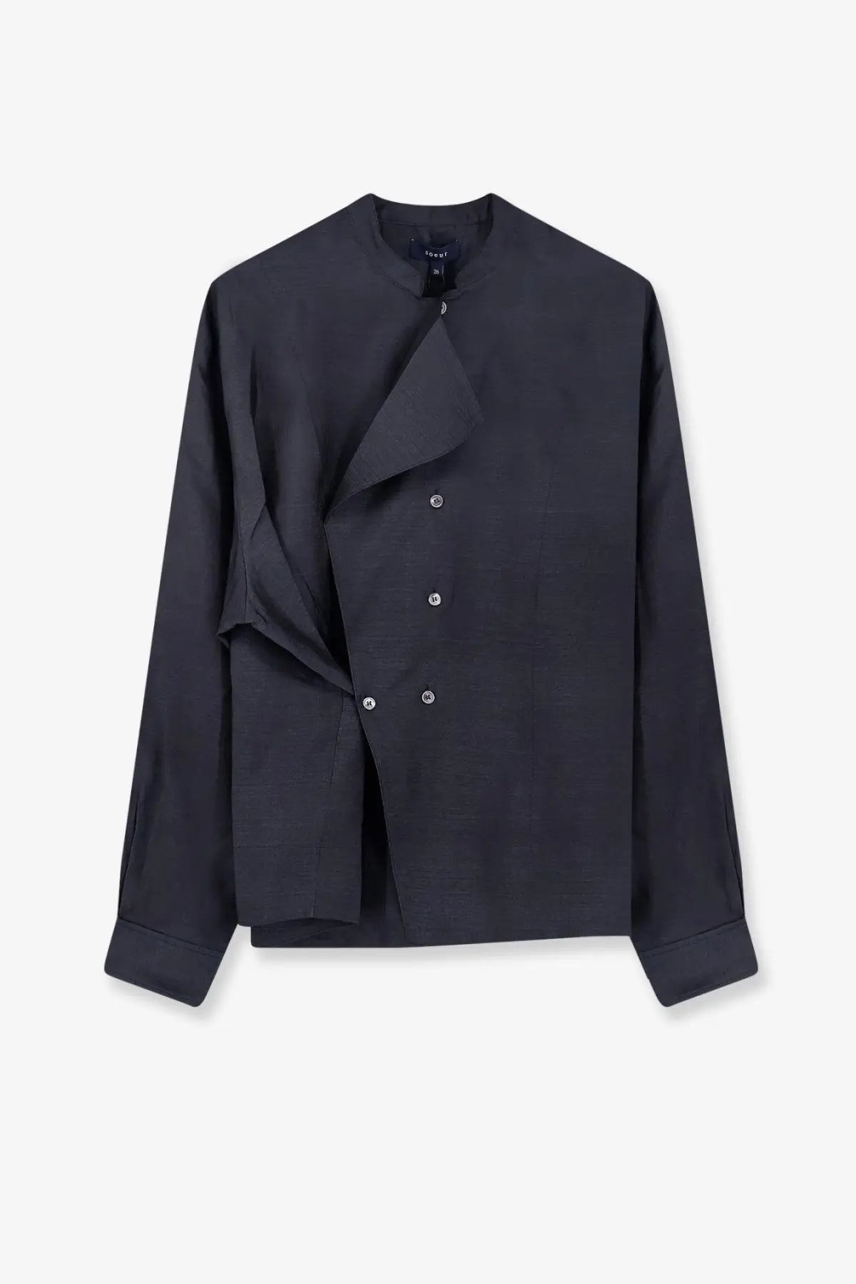 Soeur Women’s Hampton black silk shirt with asymmetrical ruffle and silver buttons