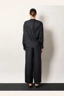 Black satin blouse with long sleeves and high collar in Soeur womens Hampton silk shirt black style