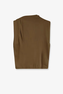 Soeur women’s Idris organic cotton olive brown sleeveless top with draped shoulder detail and elasticated hem