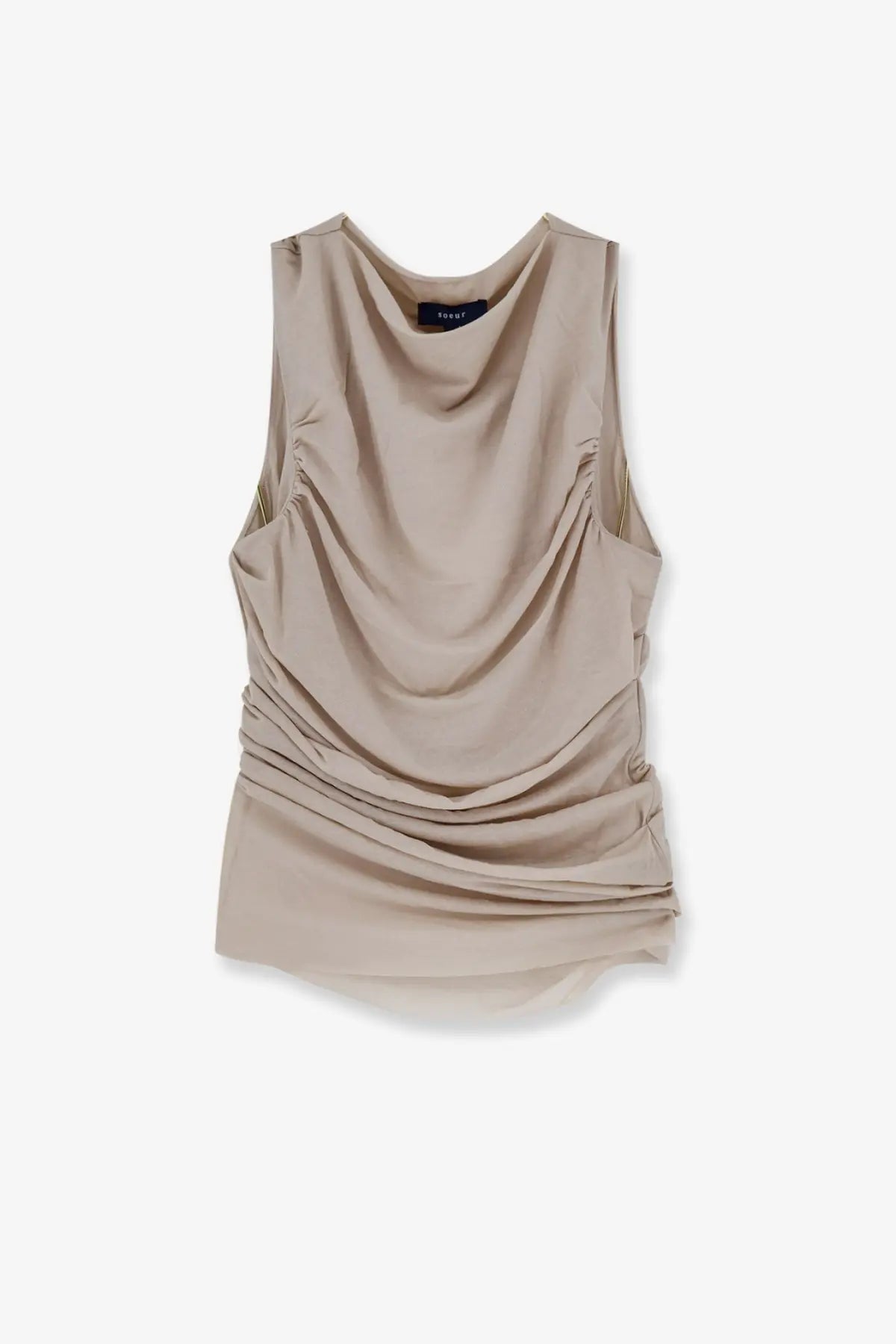 Beige sleeveless top with draped ruched fabric and flowing silhouette made from extra fine cotton crêpe by soeur