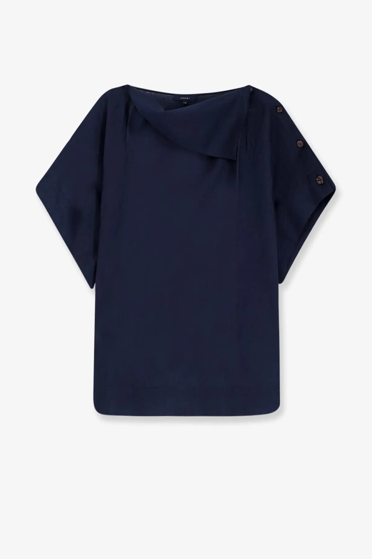 Navy blue short-sleeved blouse with button shoulder detail in linen blend by Soeur women’s Issa top