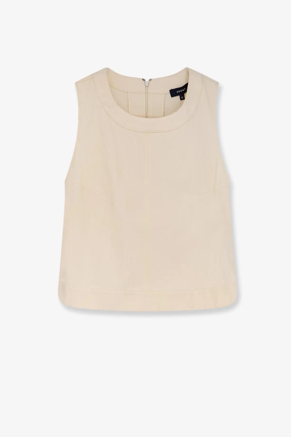 Creme sleeveless cotton top by soeur with rounded neckline and subtle pleats at the back shown in the image