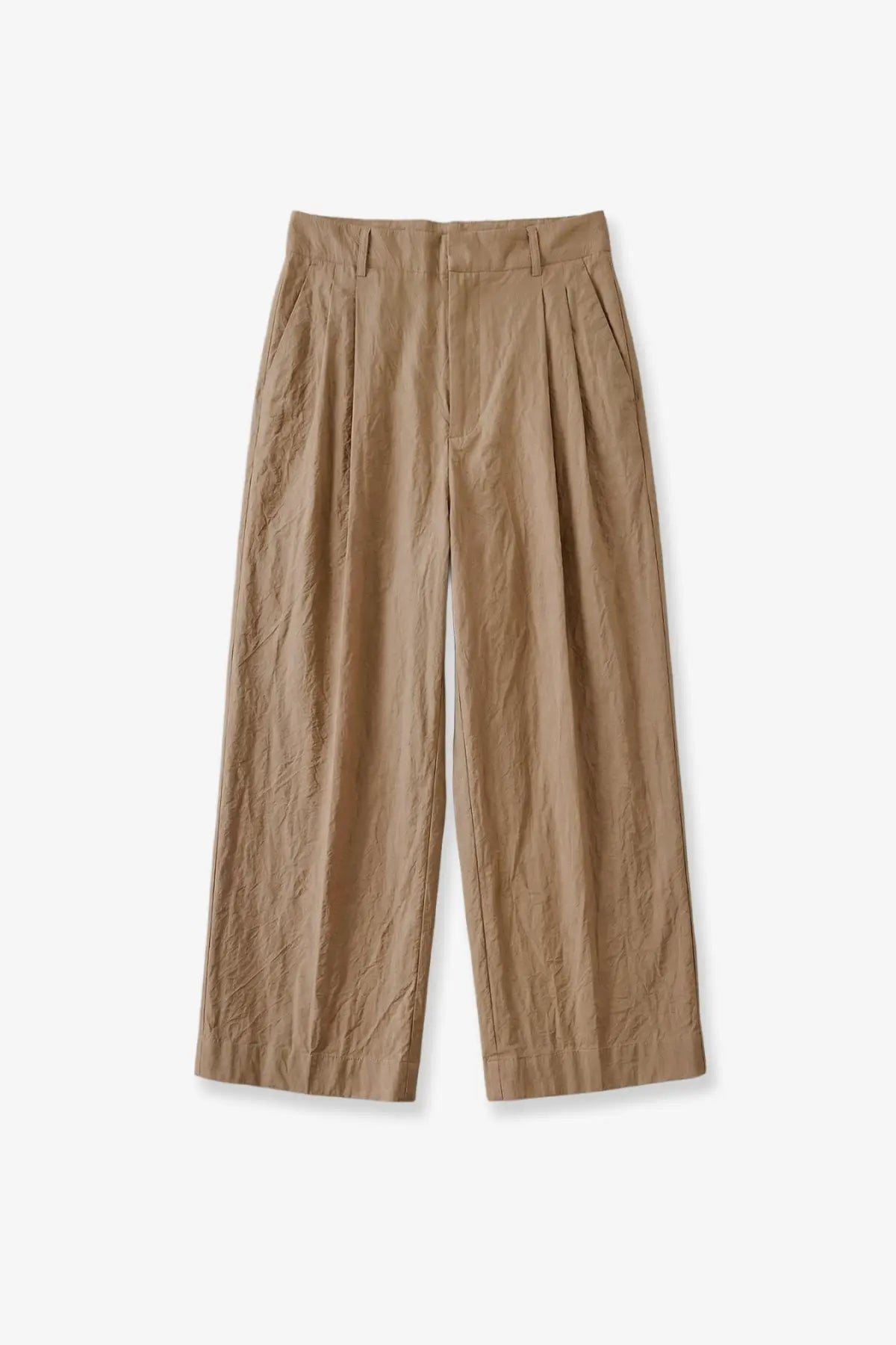 Beige pleated wide-leg trousers with structured waistband and subtle crinkled texture in biologic cotton blend by soeur
